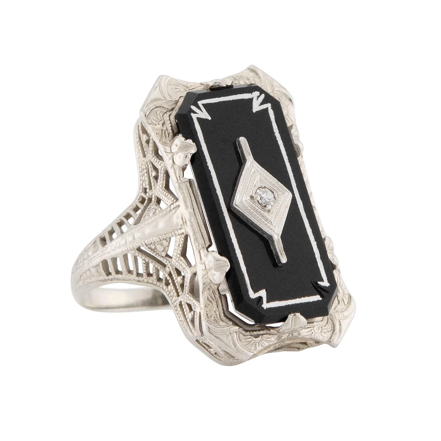 Art Deco 14k Onyx and Diamond Filigree Ring - Image 2