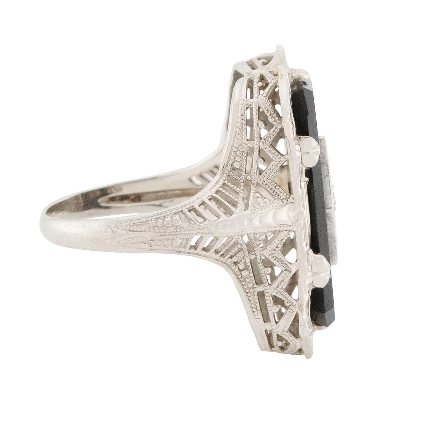 Art Deco 14k Onyx and Diamond Filigree Ring - Image 3