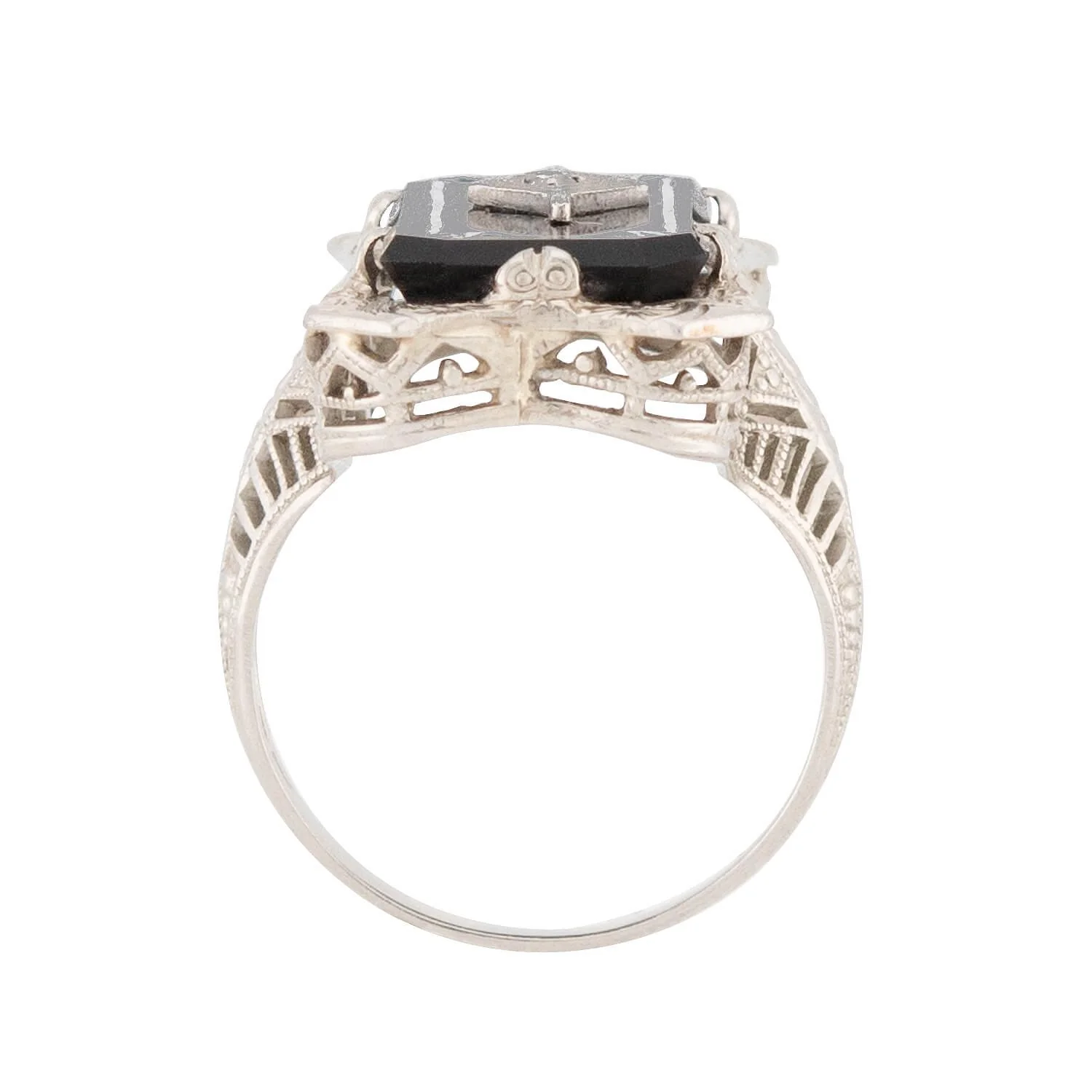 Art Deco 14k Onyx and Diamond Filigree Ring - Image 4