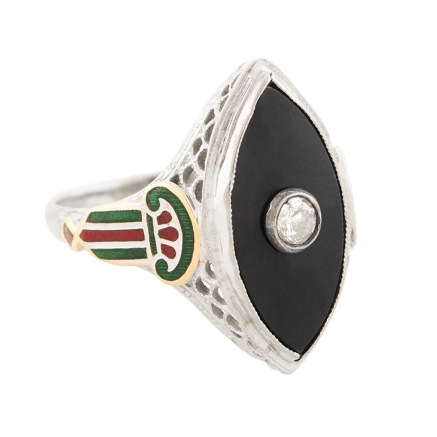 Art Deco 14k Onyx, Diamond, and Enamel Navette Ring - Image 2
