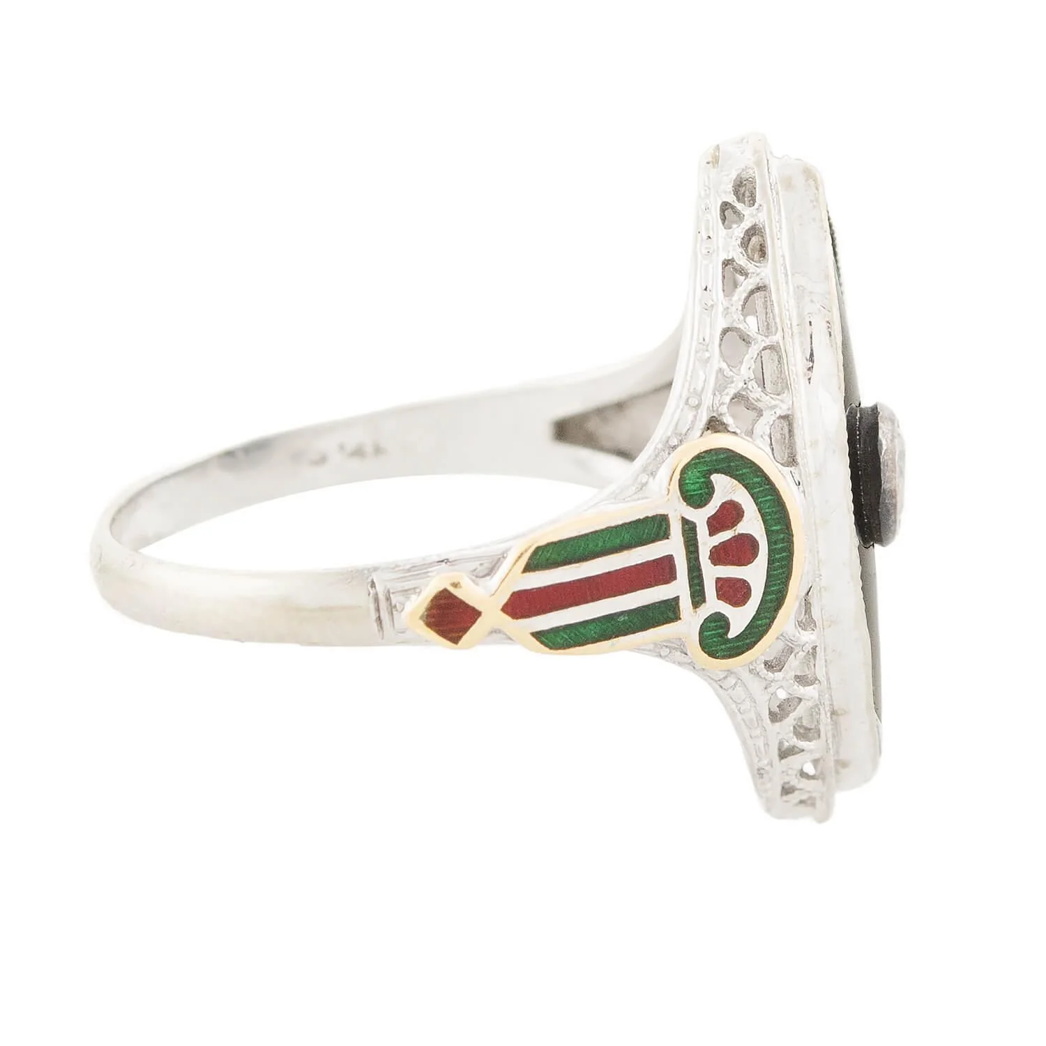 Art Deco 14k Onyx, Diamond, and Enamel Navette Ring - Image 3