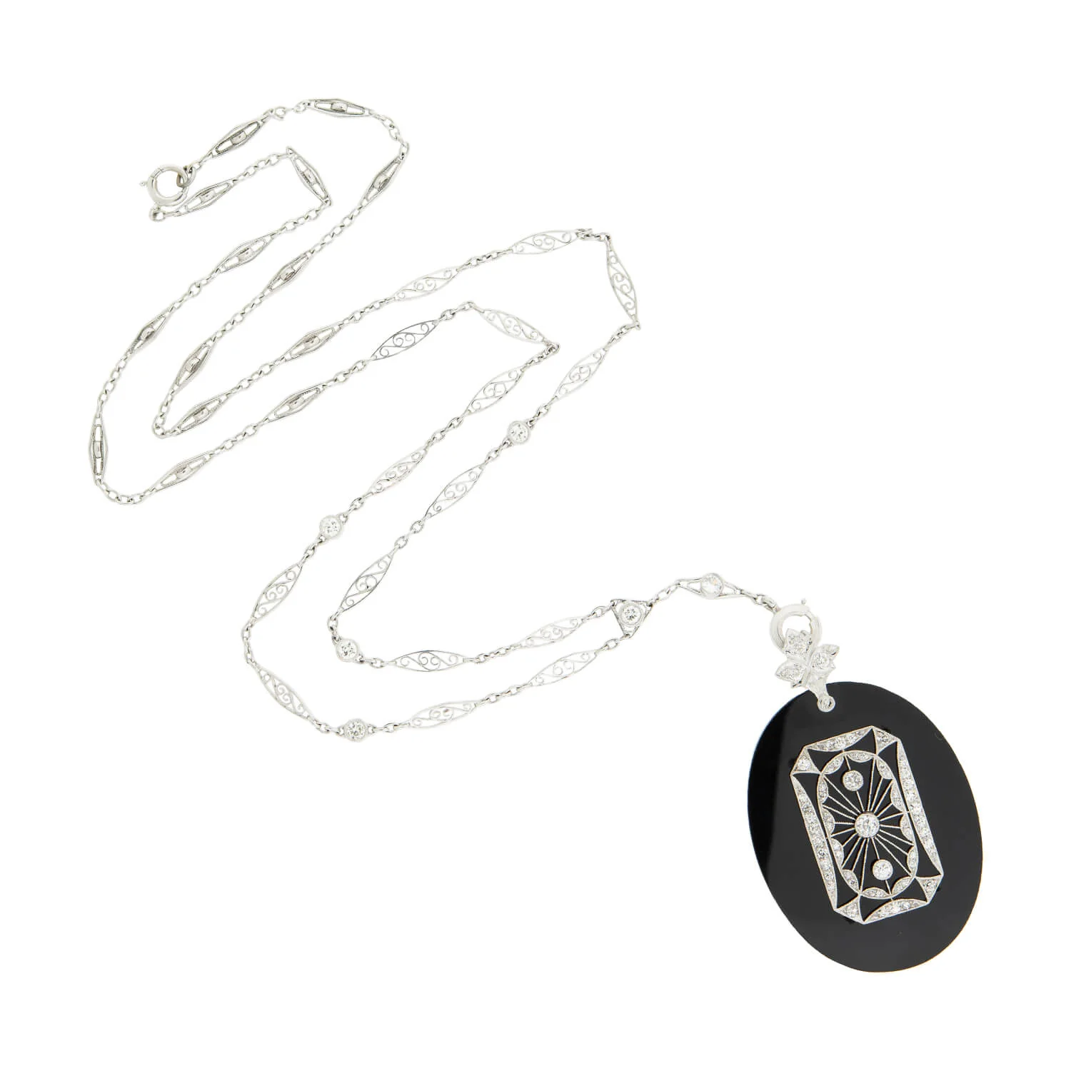 Art Deco 14k Onyx & Diamond Filigree Pendant Necklace - Image 2