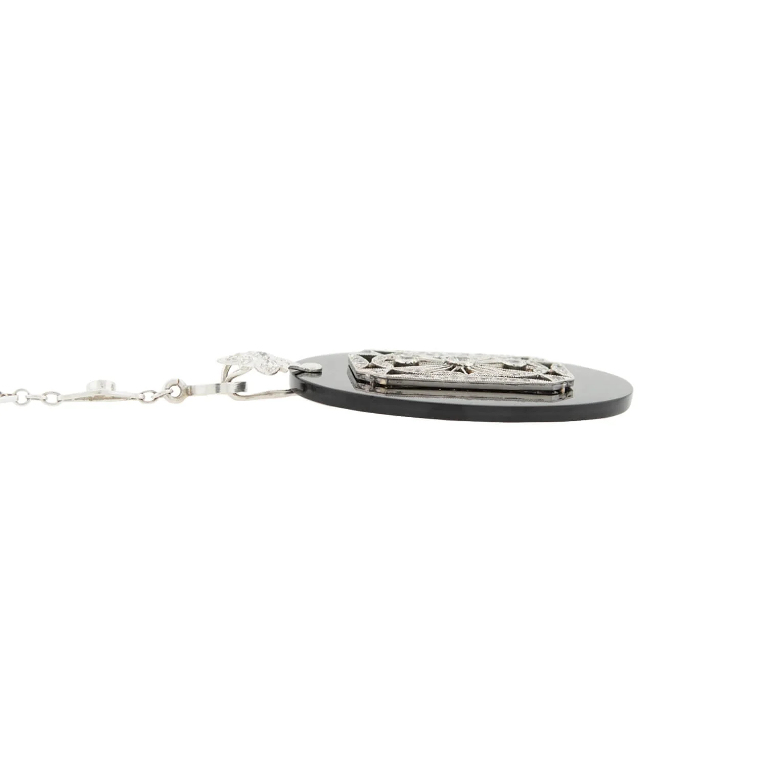 Art Deco 14k Onyx & Diamond Filigree Pendant Necklace - Image 3