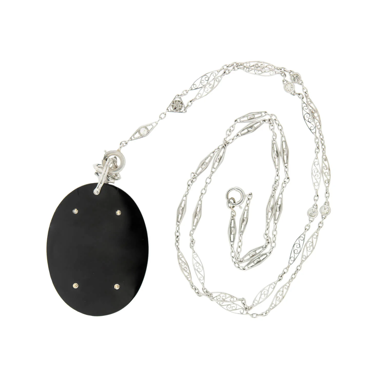 Art Deco 14k Onyx & Diamond Filigree Pendant Necklace - Image 4