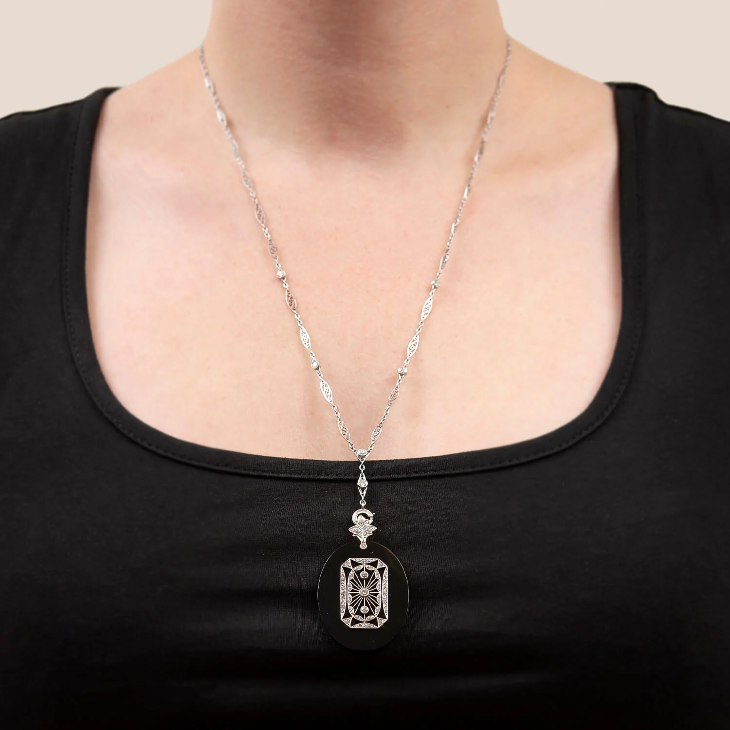 Art Deco 14k Onyx & Diamond Filigree Pendant Necklace - Image 6