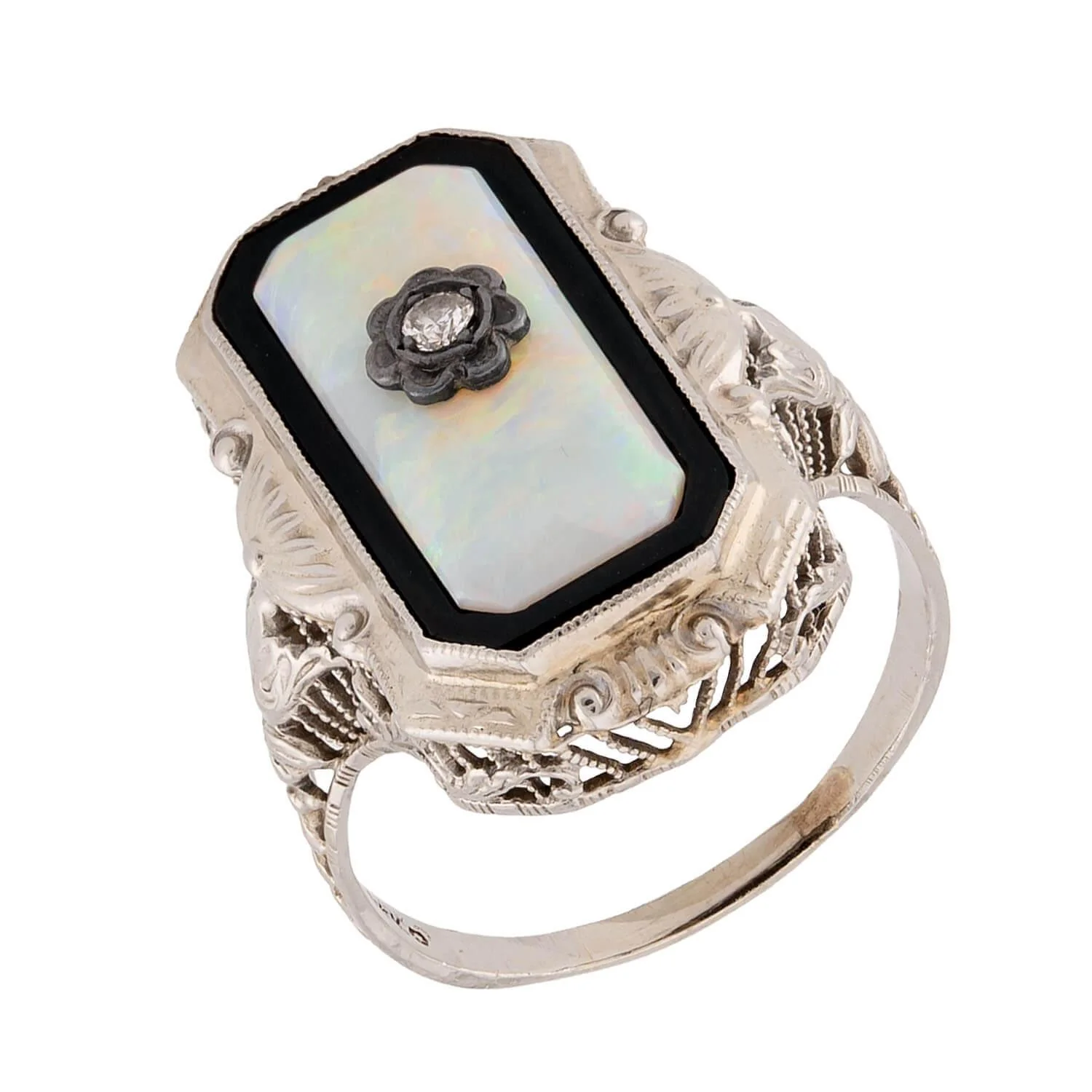 Art Deco 14k Opal, Onyx, and Diamond Filigree Ring