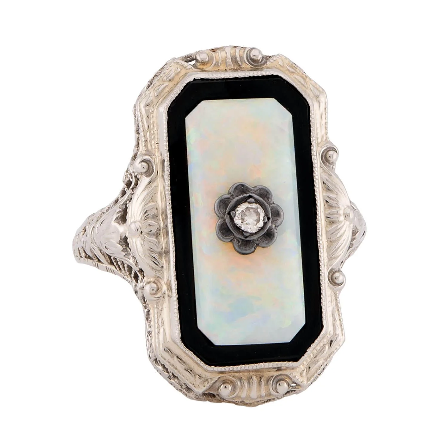 Art Deco 14k Opal, Onyx, and Diamond Filigree Ring - Image 2