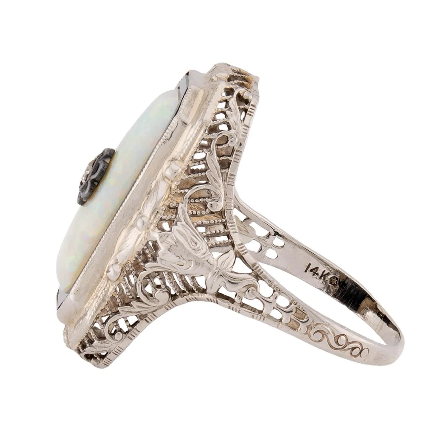Art Deco 14k Opal, Onyx, and Diamond Filigree Ring - Image 3