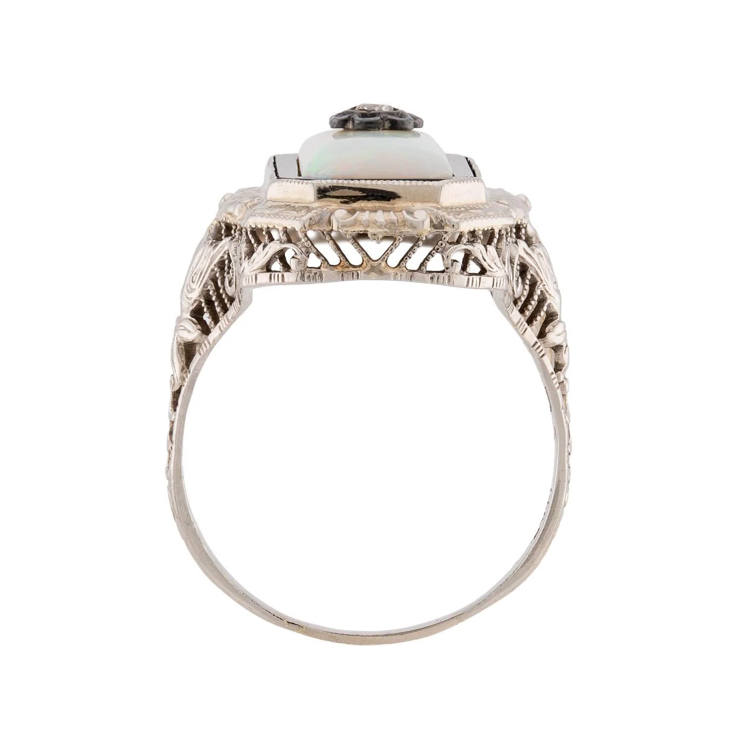 Art Deco 14k Opal, Onyx, and Diamond Filigree Ring - Image 4