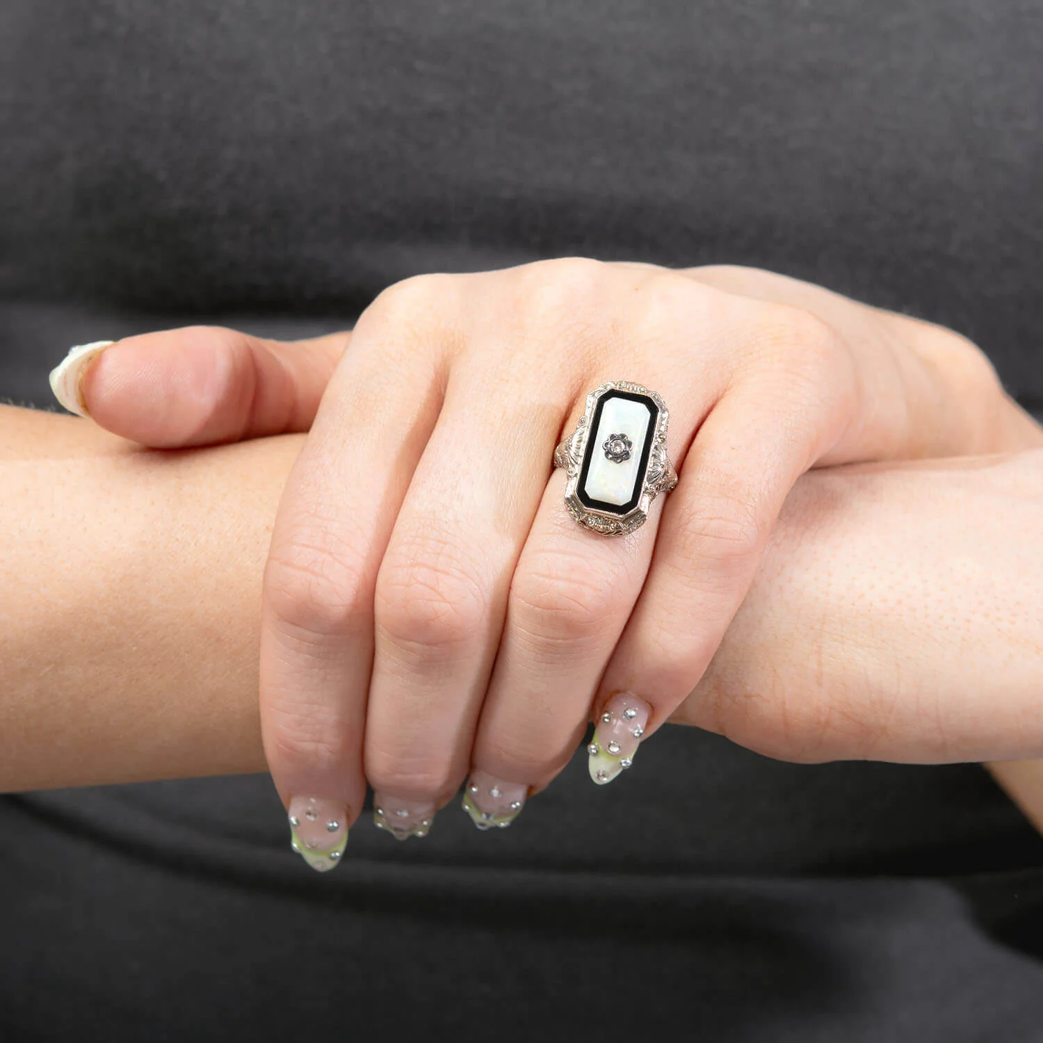 Art Deco 14k Opal, Onyx, and Diamond Filigree Ring - Image 6
