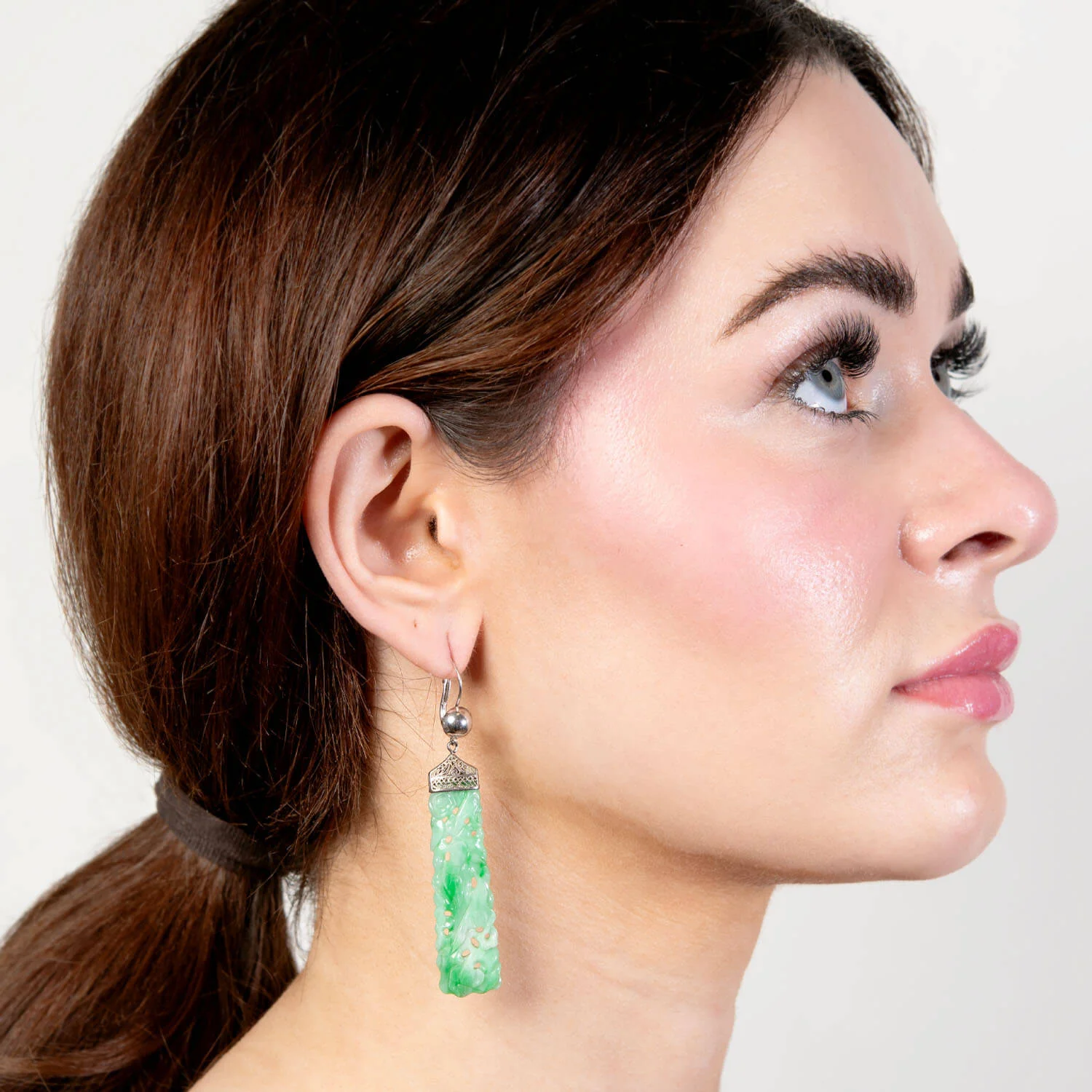 Art Deco 14k/ Platinum Carved Jade Earrings - Image 5