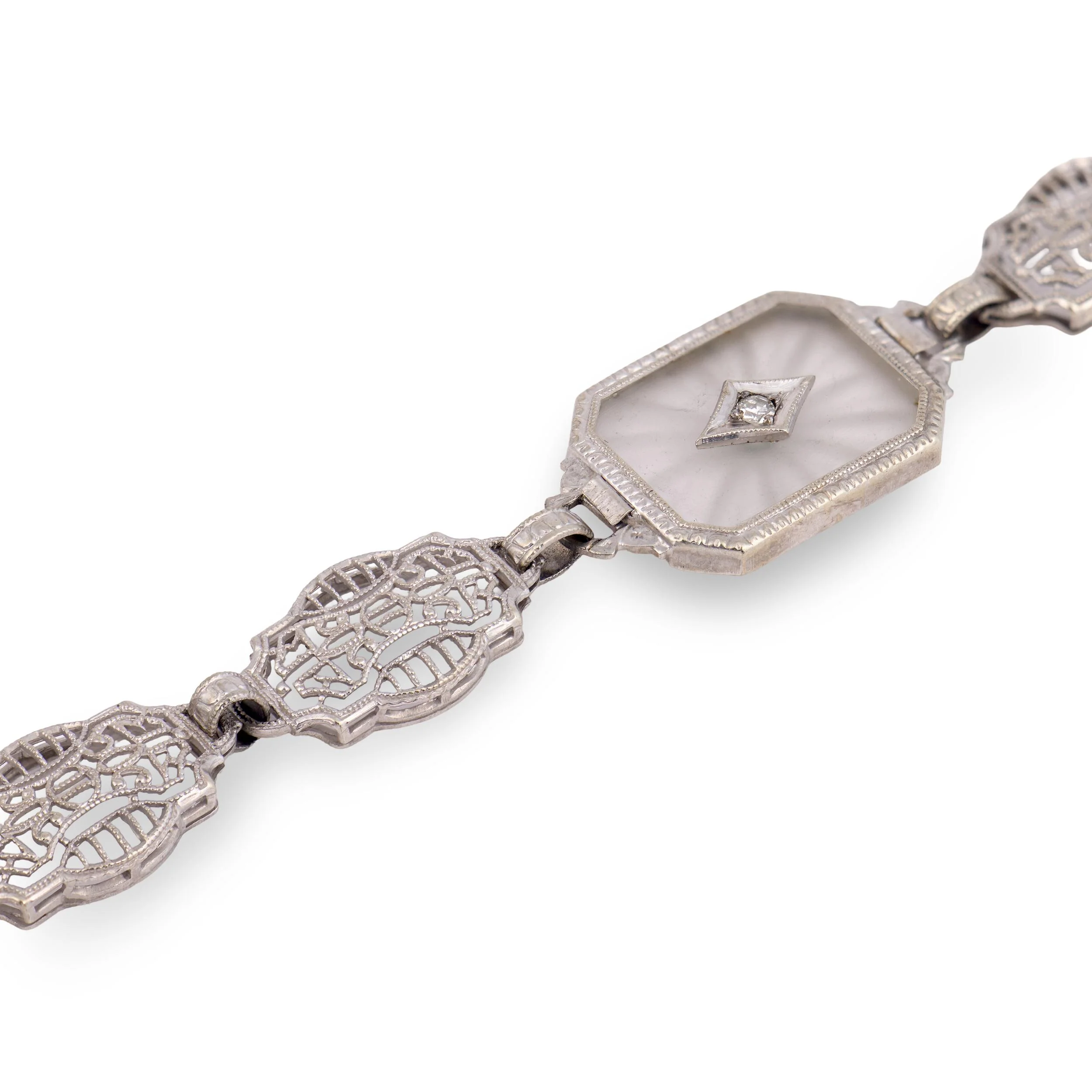Art Deco 14k Rock Quartz Crystal & Diamond Belly Line Bracelet - Image 3