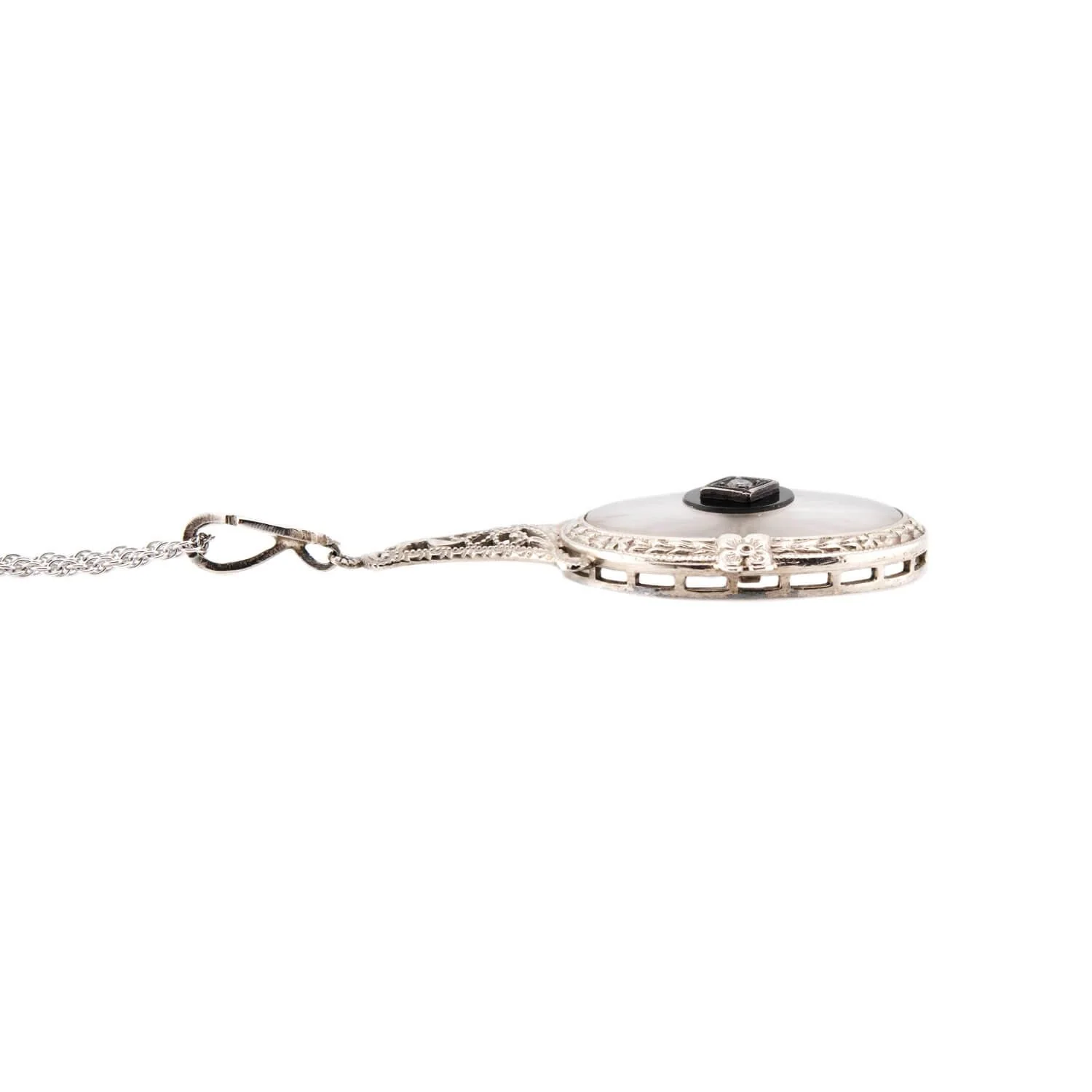Art Deco 14k Rock Quartz Crystal, Onyx, and Diamond Pendant Necklace - Image 3