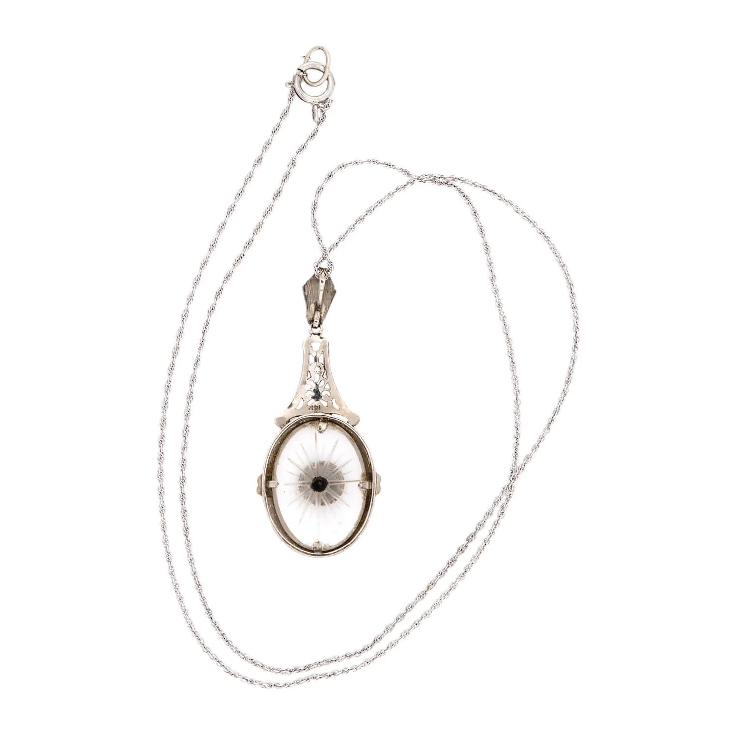 Art Deco 14k Rock Quartz Crystal, Onyx, and Diamond Pendant Necklace - Image 4