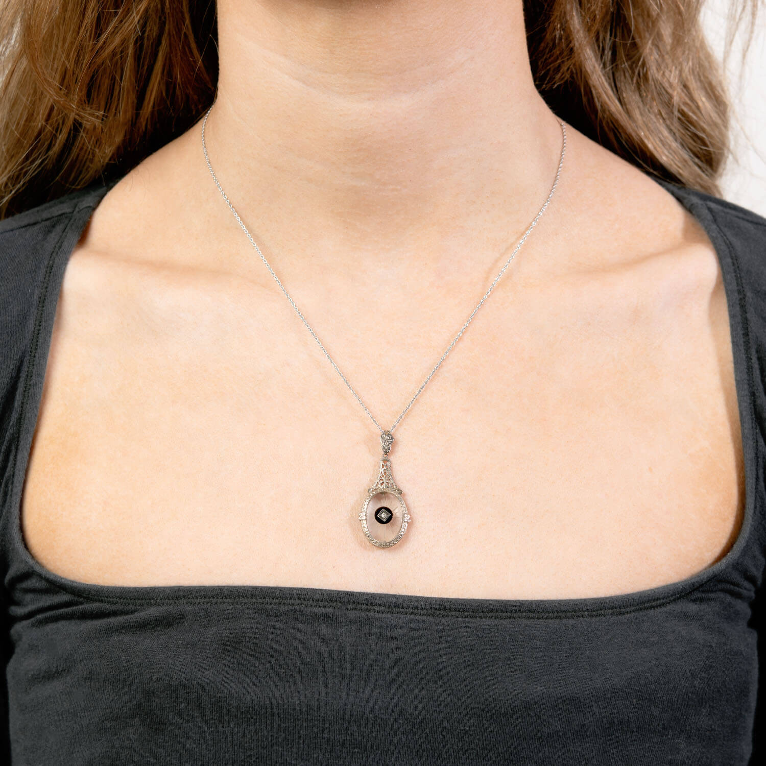 Art Deco 14k Rock Quartz Crystal, Onyx, and Diamond Pendant Necklace - Image 6