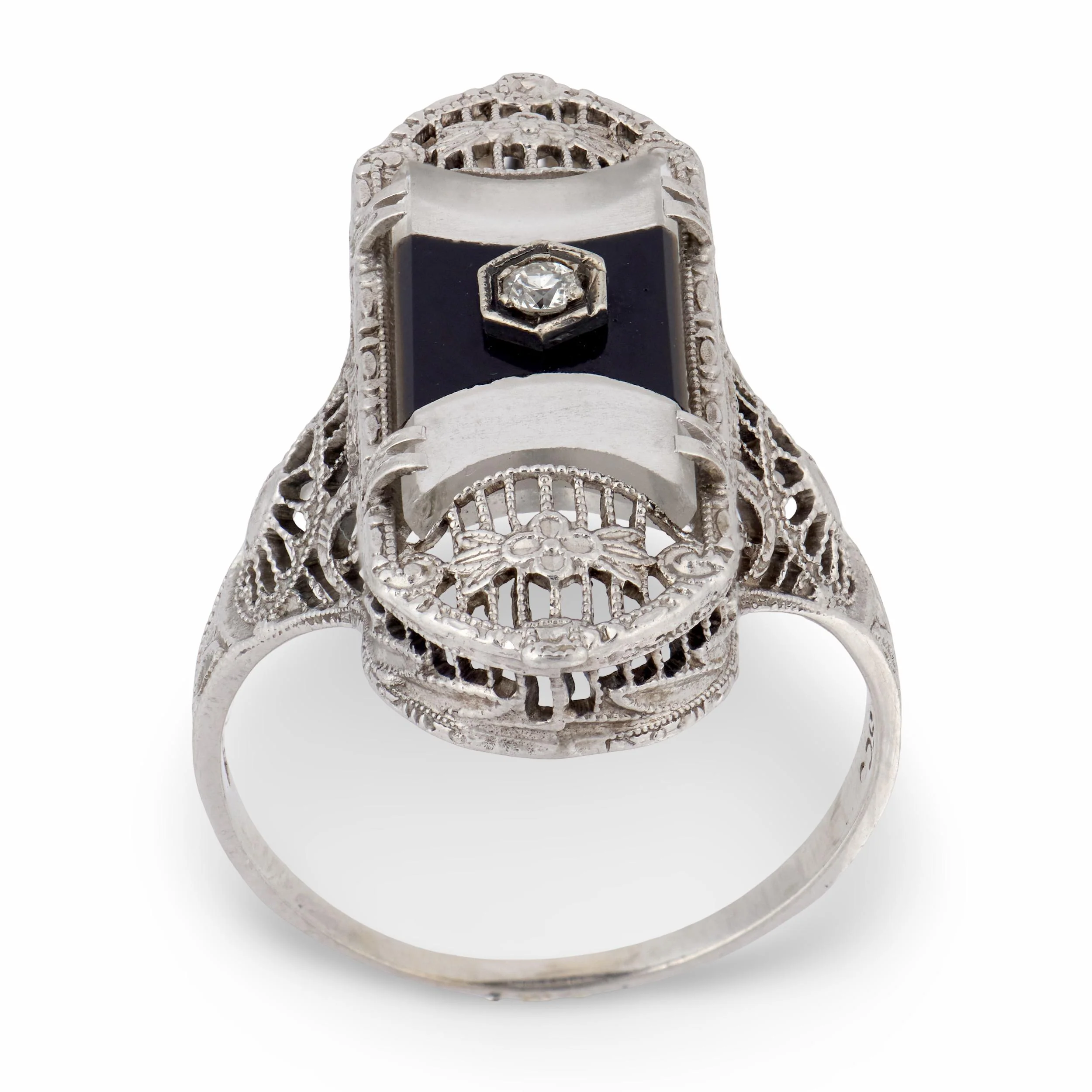 Art Deco 14k Rock Quartz Crystal, Onyx, & Diamond Navette Ring - Image 4