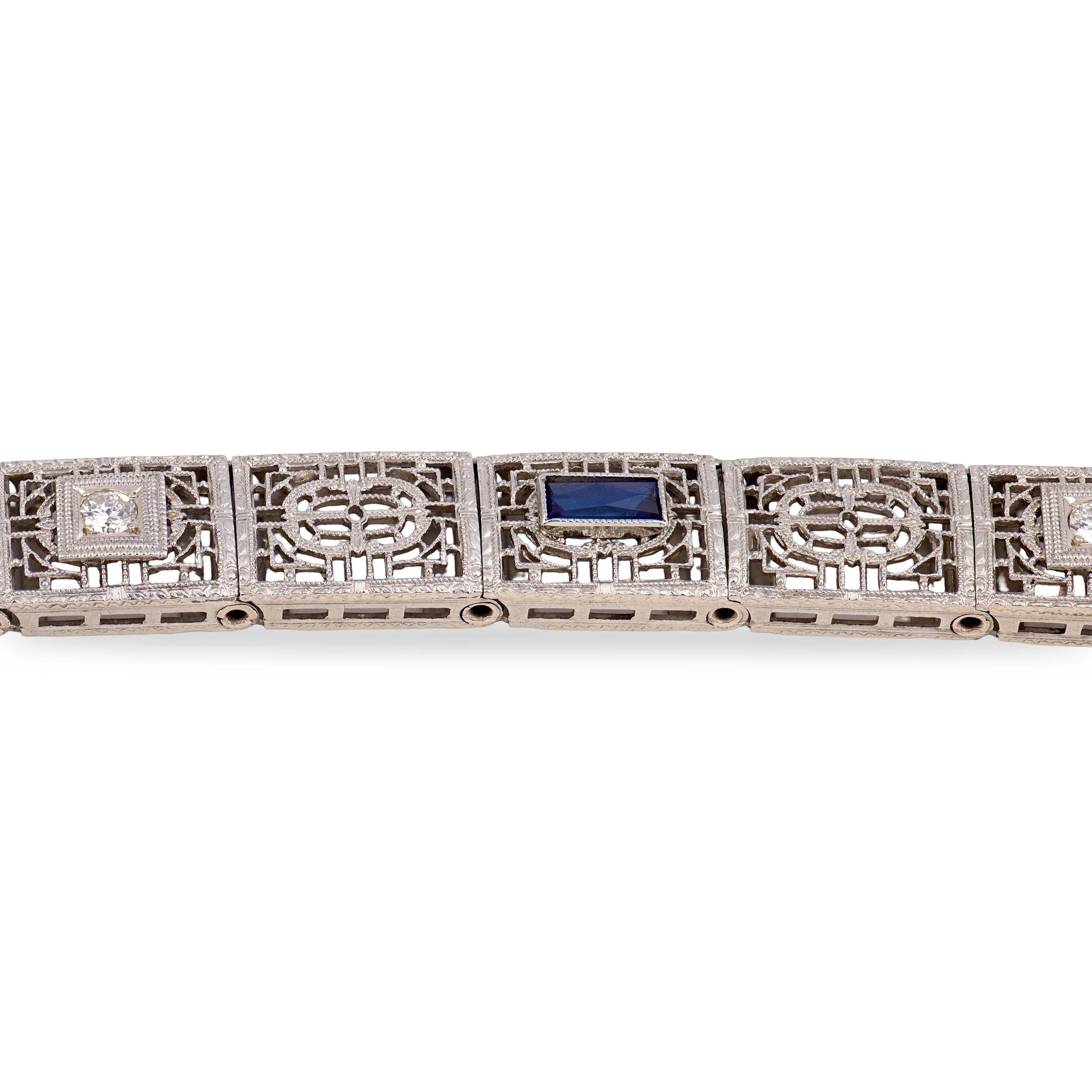 Art Deco 14k "Sapphire" & Diamond Line Bracelet - Image 3