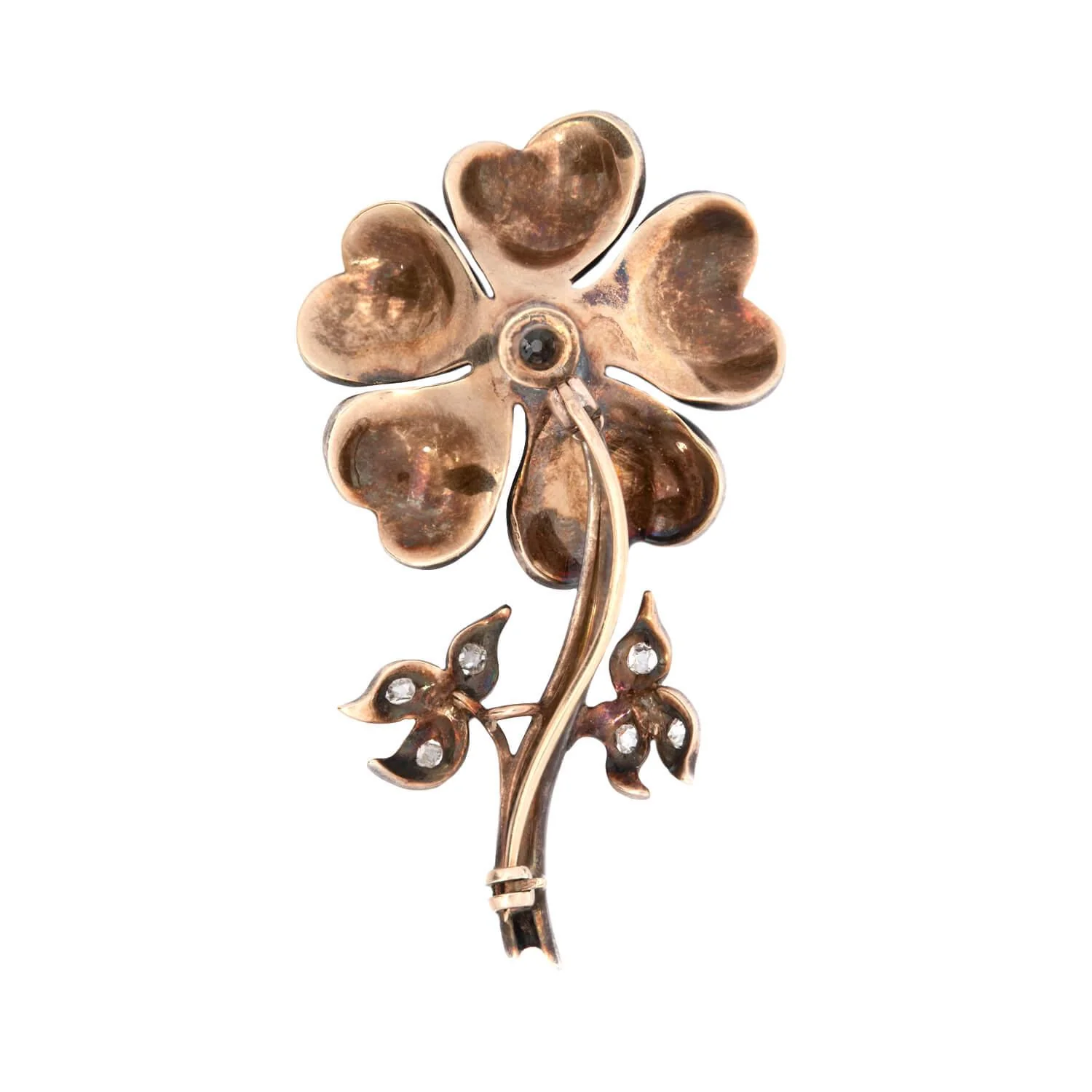 Art Deco 14k/Sterling Silver Diamond and Enamel Flower Pin - Image 3