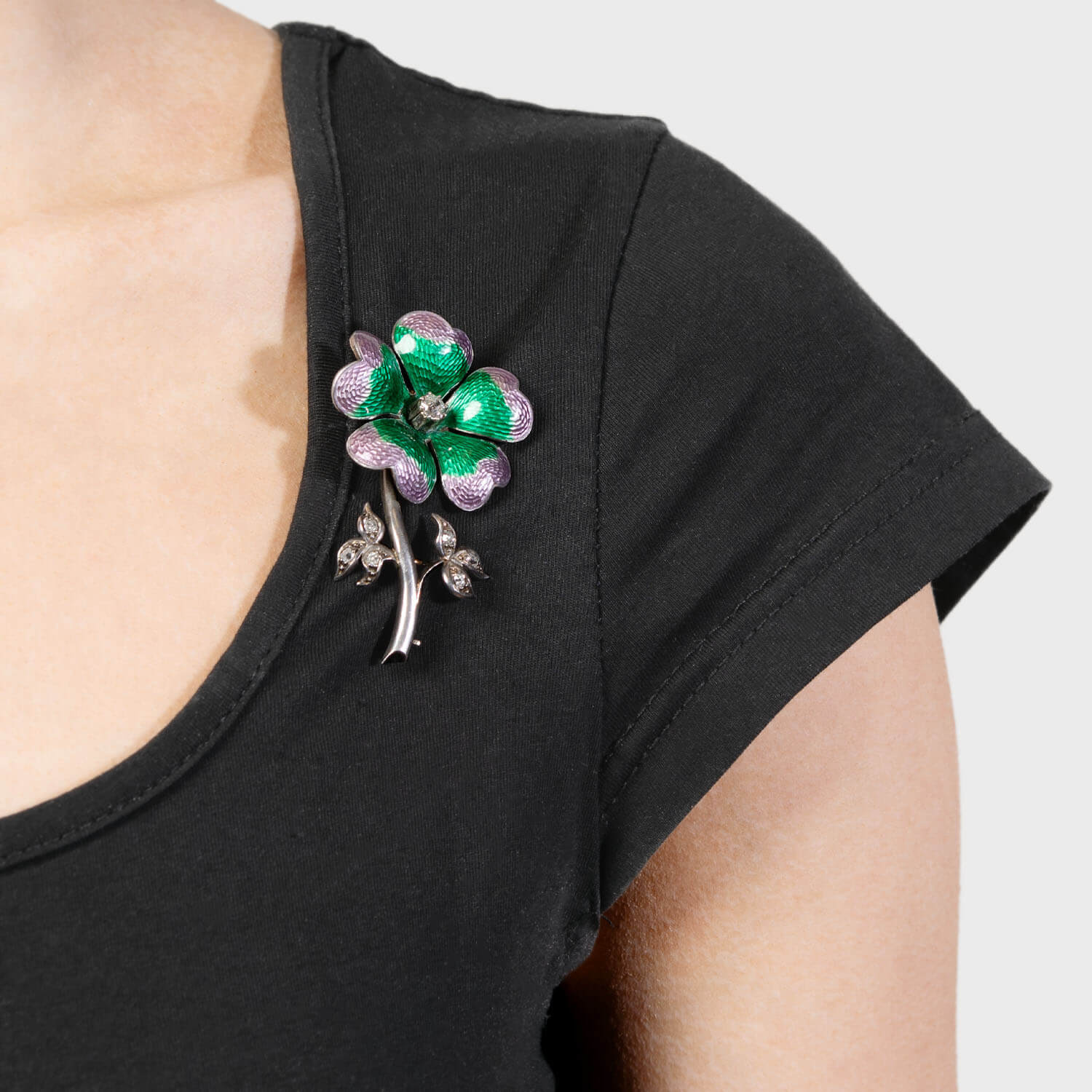 Art Deco 14k/Sterling Silver Diamond and Enamel Flower Pin - Image 4