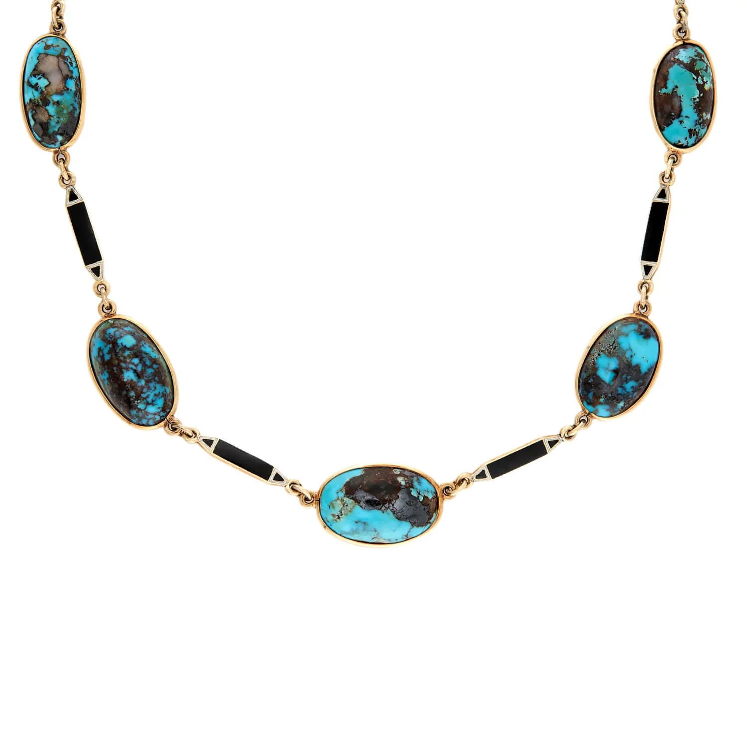 Art Deco 14k Turquoise and Enamel Link Necklace - Image 2