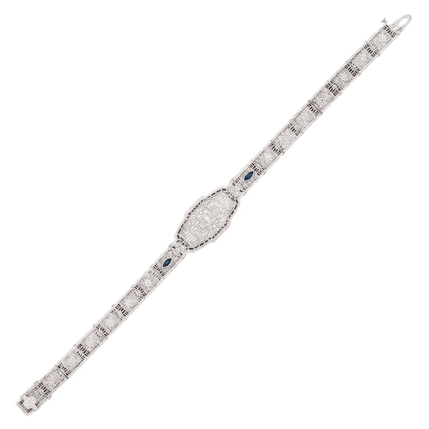 Art Deco 14k White Gold Diamond and Sapphire Filigree Belly Line Bracelet