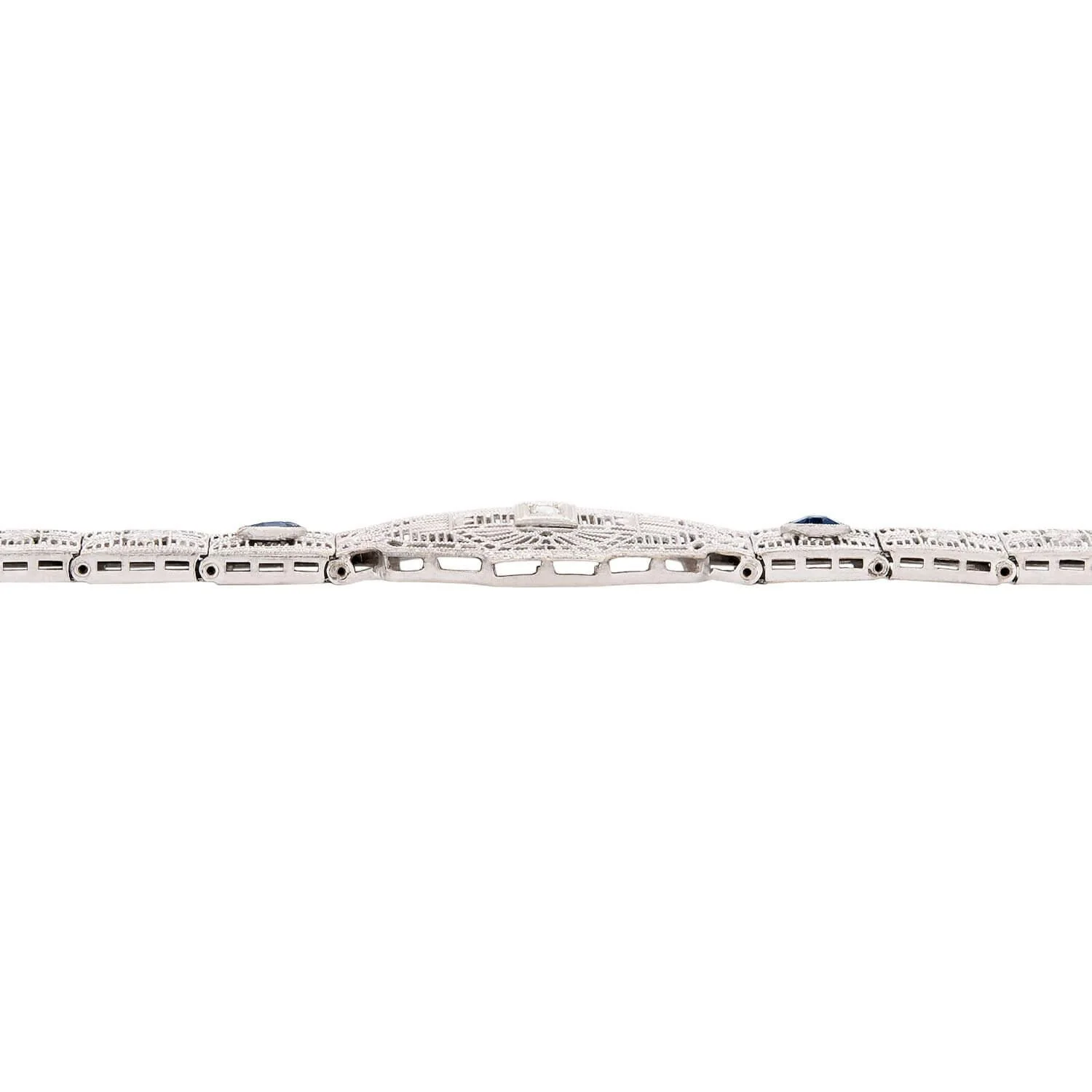 Art Deco 14k White Gold Diamond and Sapphire Filigree Belly Line Bracelet - Image 2