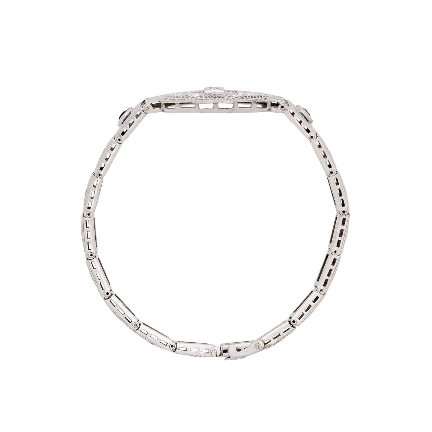 Art Deco 14k White Gold Diamond and Sapphire Filigree Belly Line Bracelet - Image 3