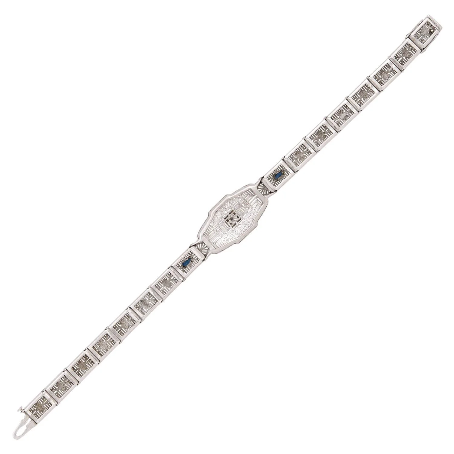 Art Deco 14k White Gold Diamond and Sapphire Filigree Belly Line Bracelet - Image 4