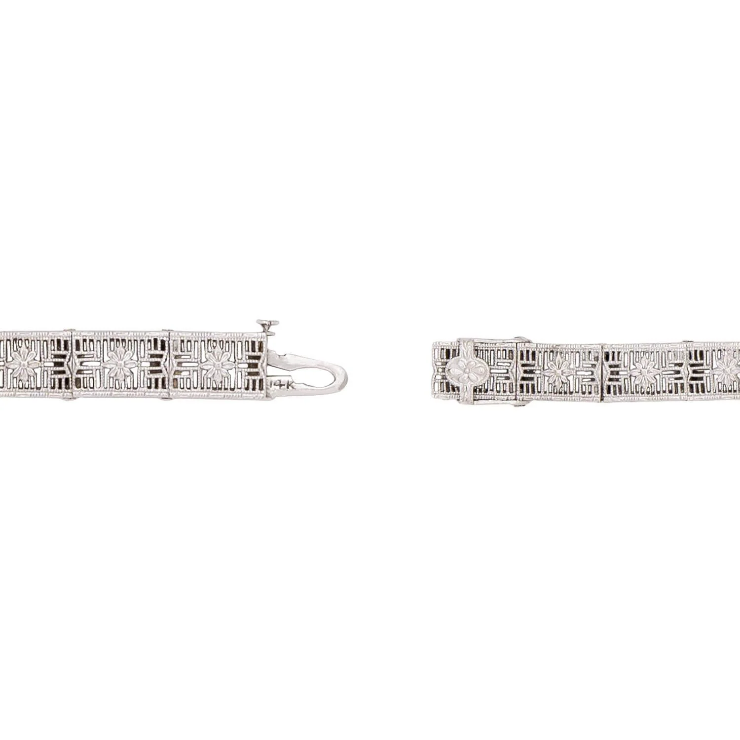 Art Deco 14k White Gold Diamond and Sapphire Filigree Belly Line Bracelet - Image 5