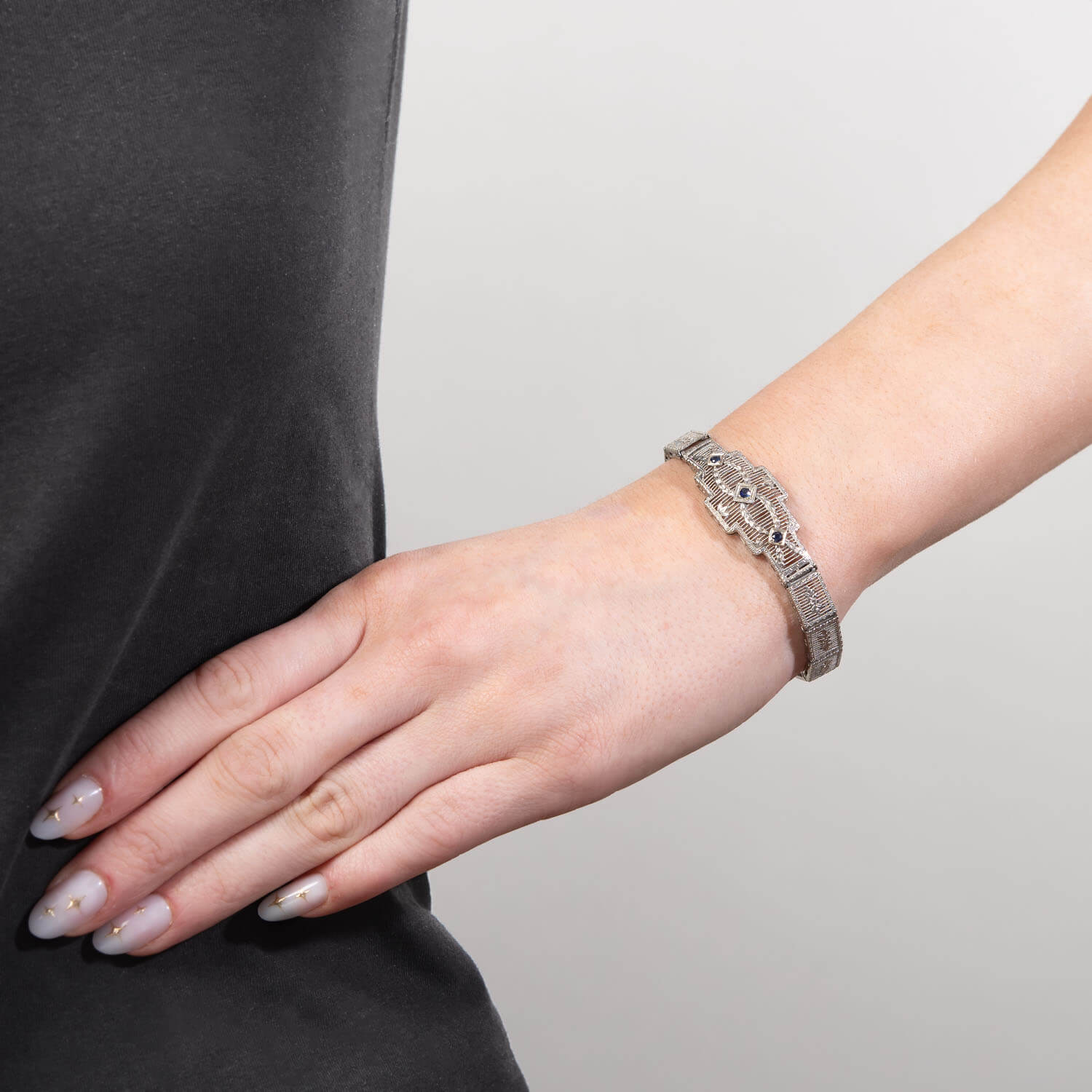 Art Deco 14k White Sapphire Filigree Line Bracelet - Image 8