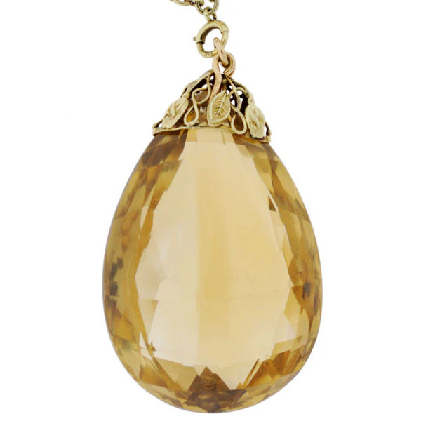 Art Deco 14kt Large Citrine Drop Enameled Chain Necklace - Image 3