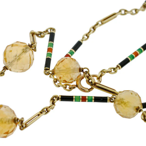 Art Deco 14kt Large Citrine Drop Enameled Chain Necklace - Image 6