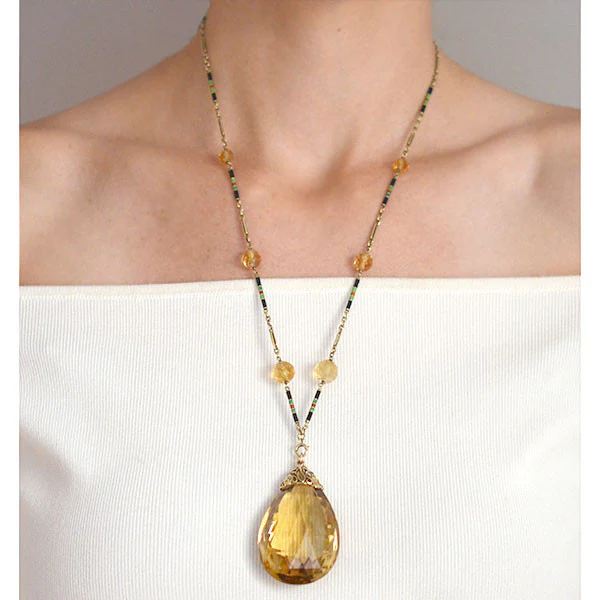 Art Deco 14kt Large Citrine Drop Enameled Chain Necklace - Image 8