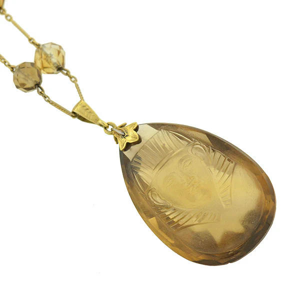 Art Deco 14kt Egyptian Revival Carved Citrine Pharaoh Necklace - Image 3