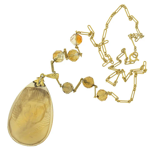 Art Deco 14kt Egyptian Revival Carved Citrine Pharaoh Necklace - Image 6