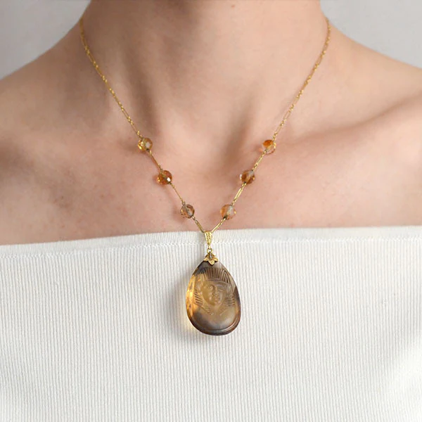 Art Deco 14kt Egyptian Revival Carved Citrine Pharaoh Necklace - Image 7