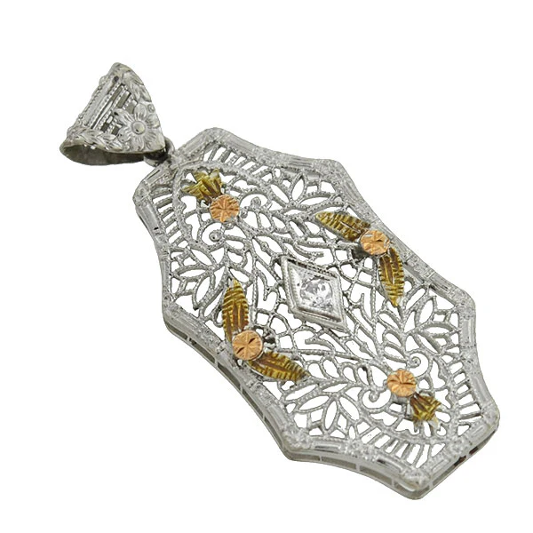 Art Deco 14kt Mixed Metals Diamond Filigree Pendant - Image 2