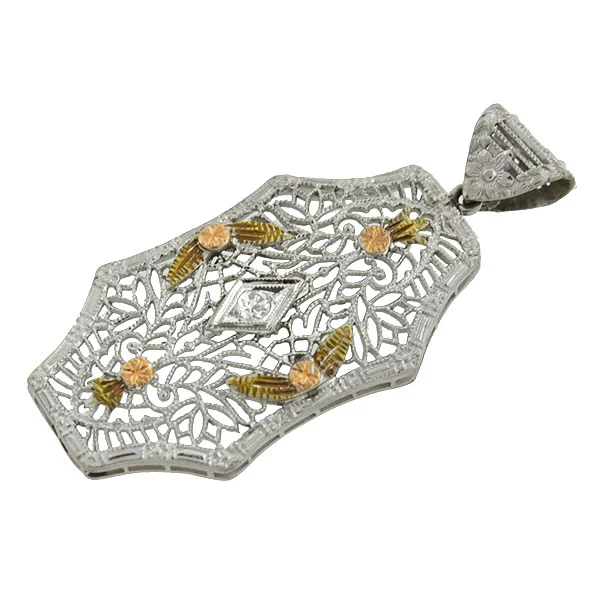 Art Deco 14kt Mixed Metals Diamond Filigree Pendant - Image 3