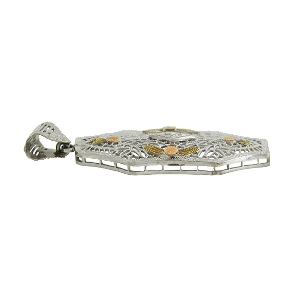 Art Deco 14kt Mixed Metals Diamond Filigree Pendant - Image 4