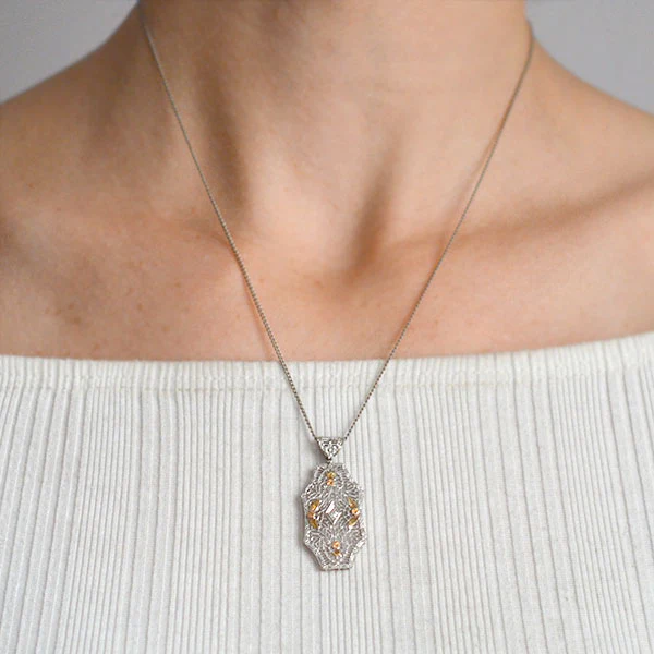 Art Deco 14kt Mixed Metals Diamond Filigree Pendant - Image 6
