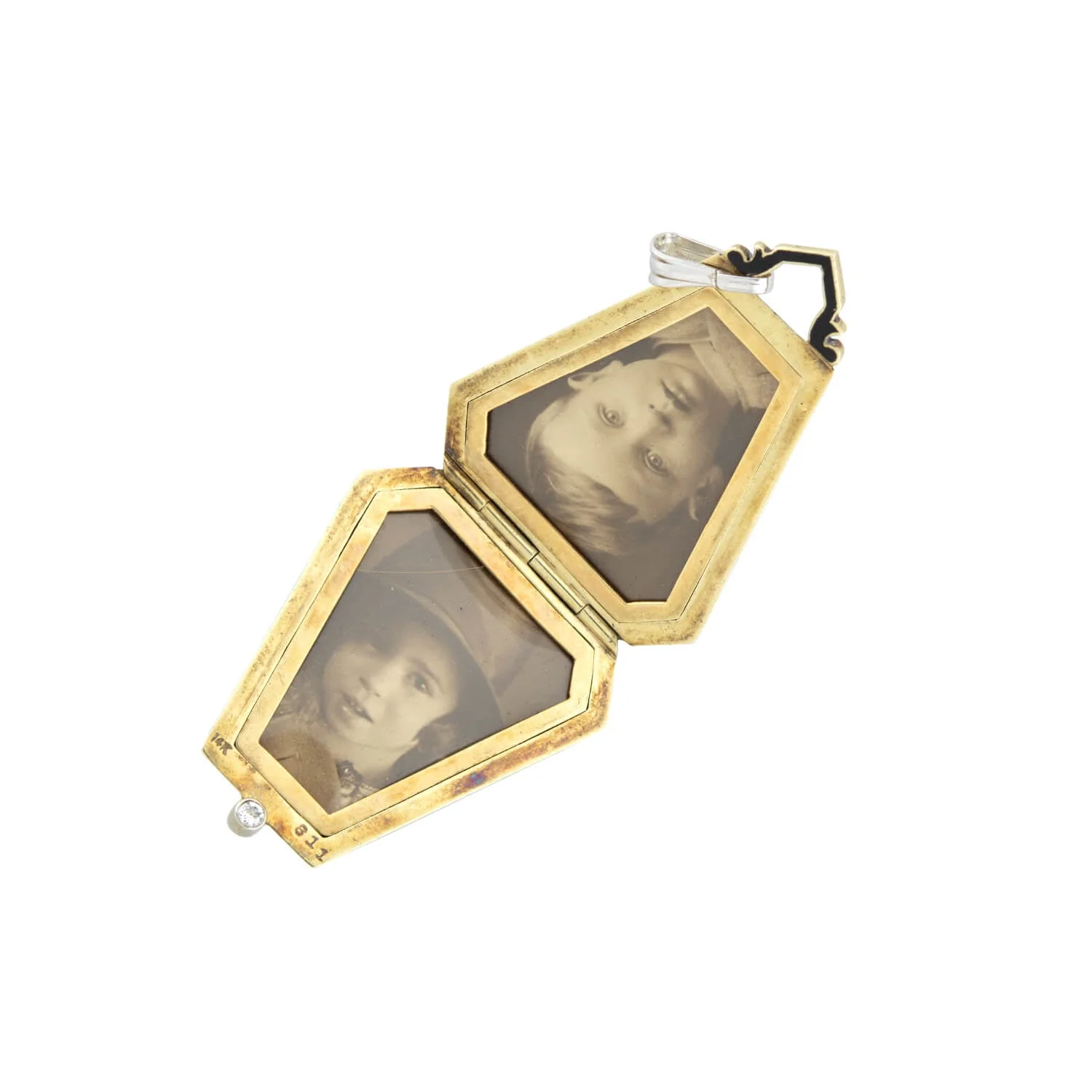 Art Deco 14kt/Platinum, Diamond + Enamel Locket Pendant - Image 3