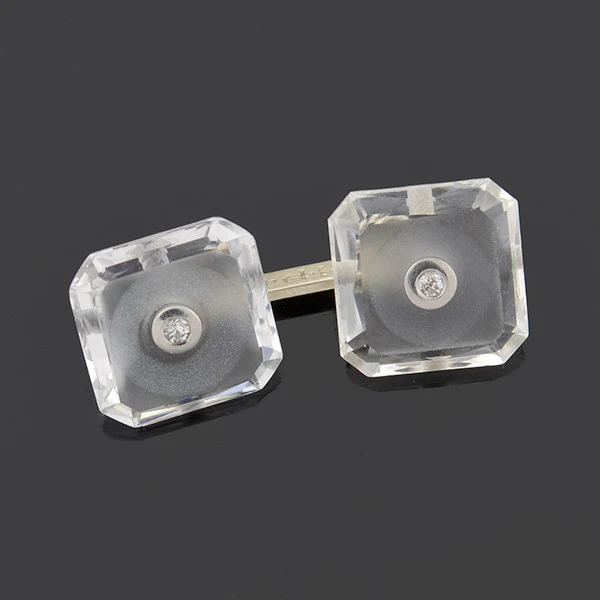 Art Deco 14kt Rock Quartz Crystal & Diamond Cufflinks - Image 3
