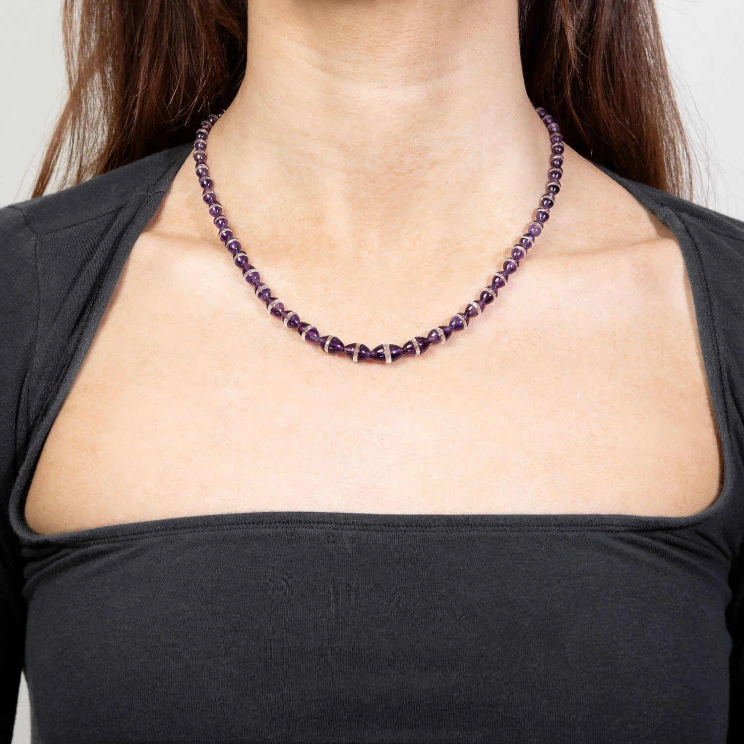Art Deco 18k Amethyst and Rock Quartz Crystal Rondelle Bead Necklace - Image 5