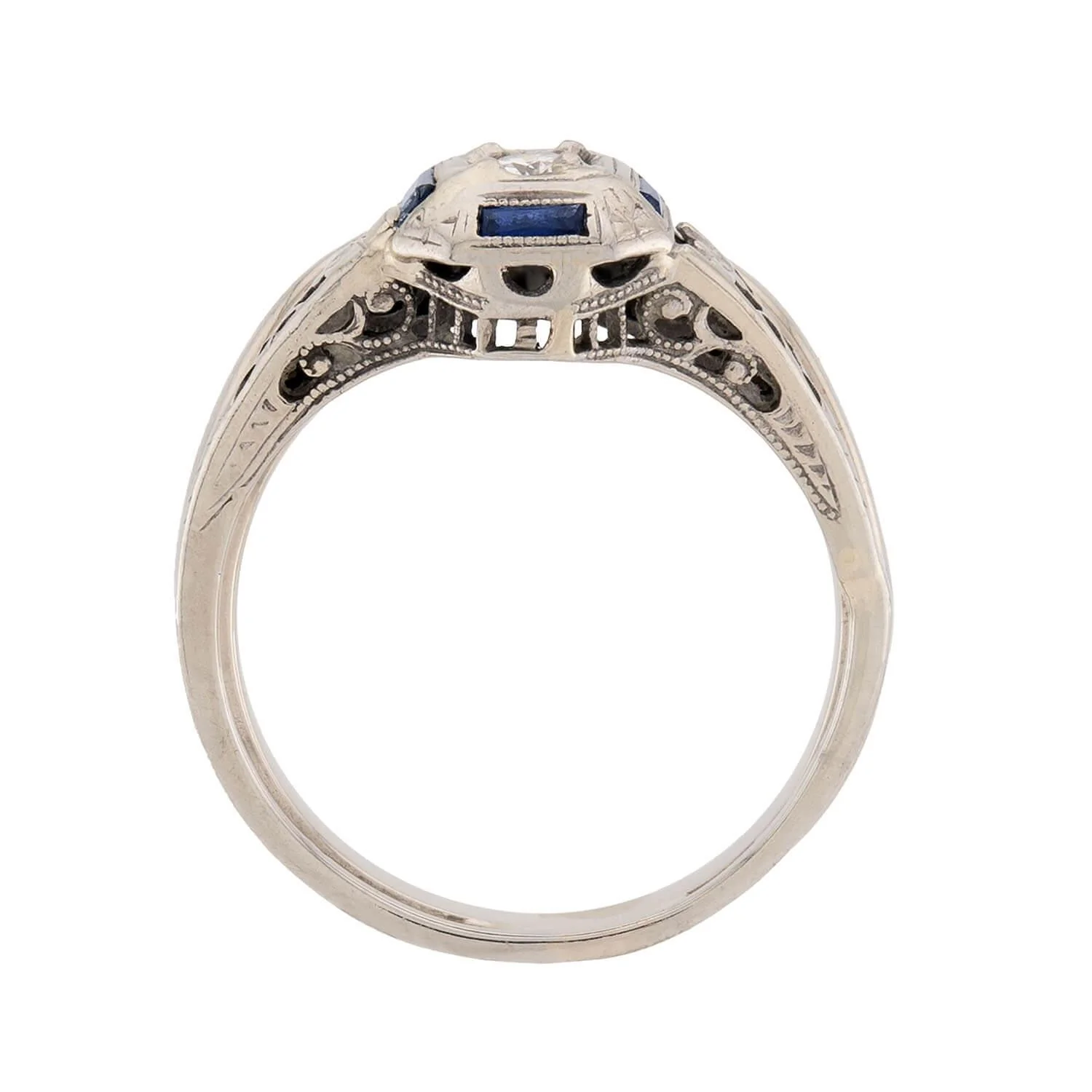 Art Deco 18k Diamond and Sapphire Engagement Ring Set - Image 4