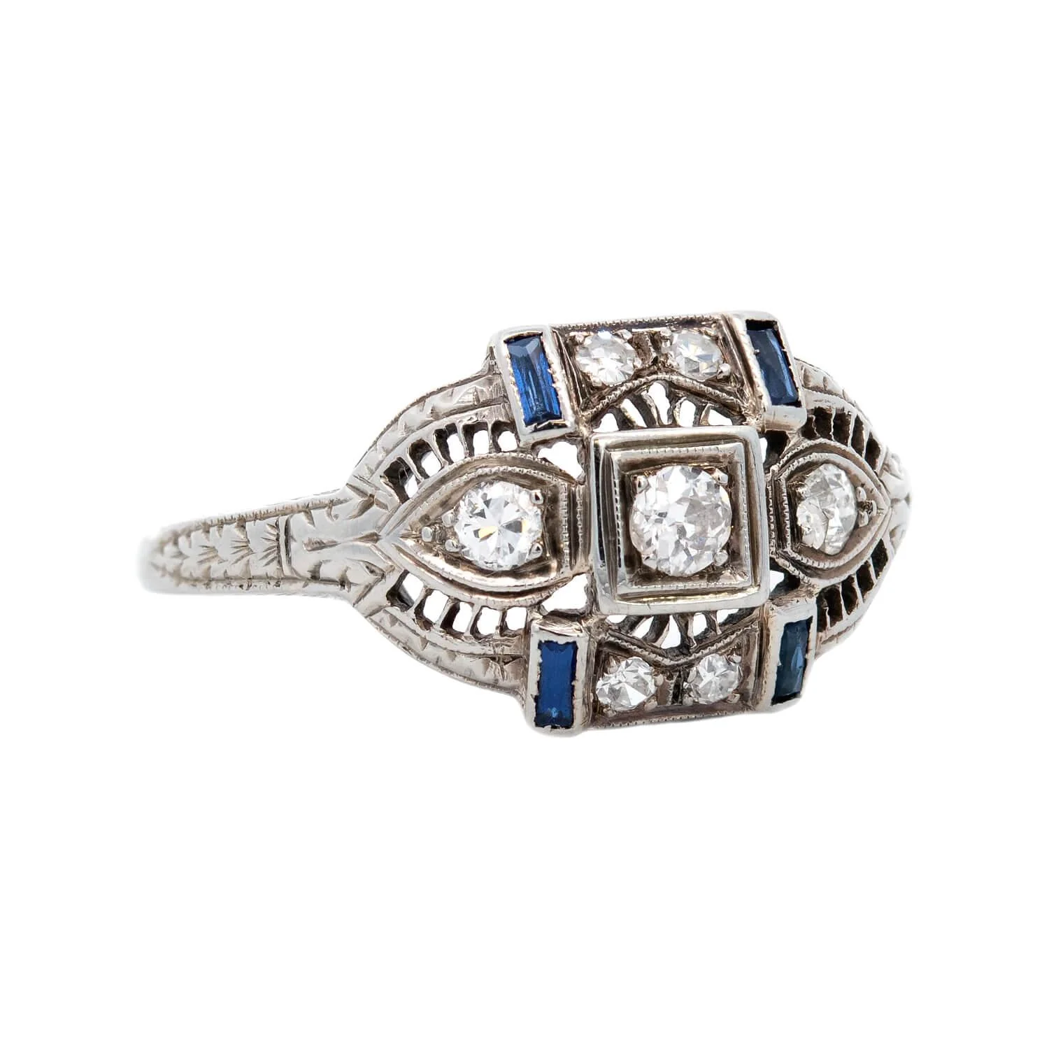 Art Deco 18k Diamond and Sapphire Filigree Ring - Image 2