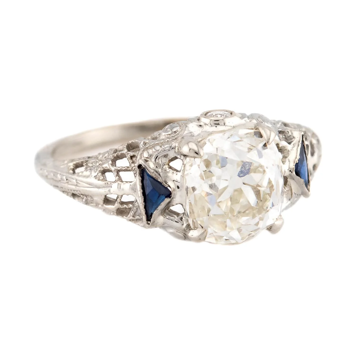 Art Deco 18k GIA Diamond & Sapphire Engagement Ring 2.23ct - Image 2