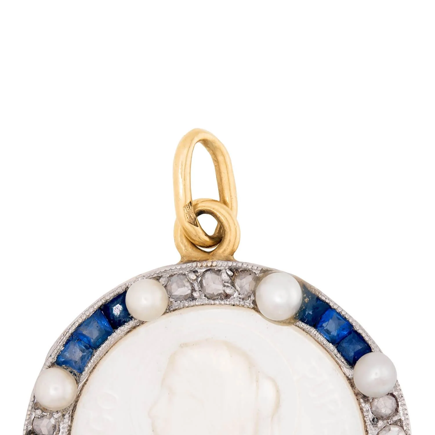 Art Deco 18k Mother of Pearl, Pearl, Sapphire, and Diamond Cameo Pendant - Image 4