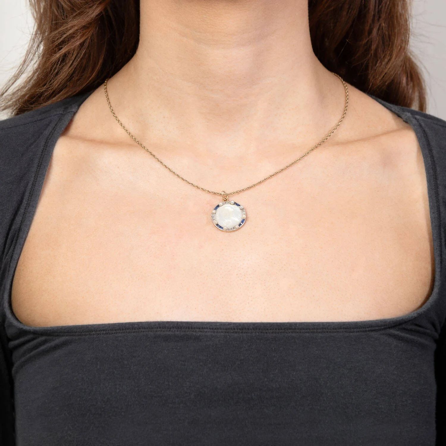 Art Deco 18k Mother of Pearl, Pearl, Sapphire, and Diamond Cameo Pendant - Image 5