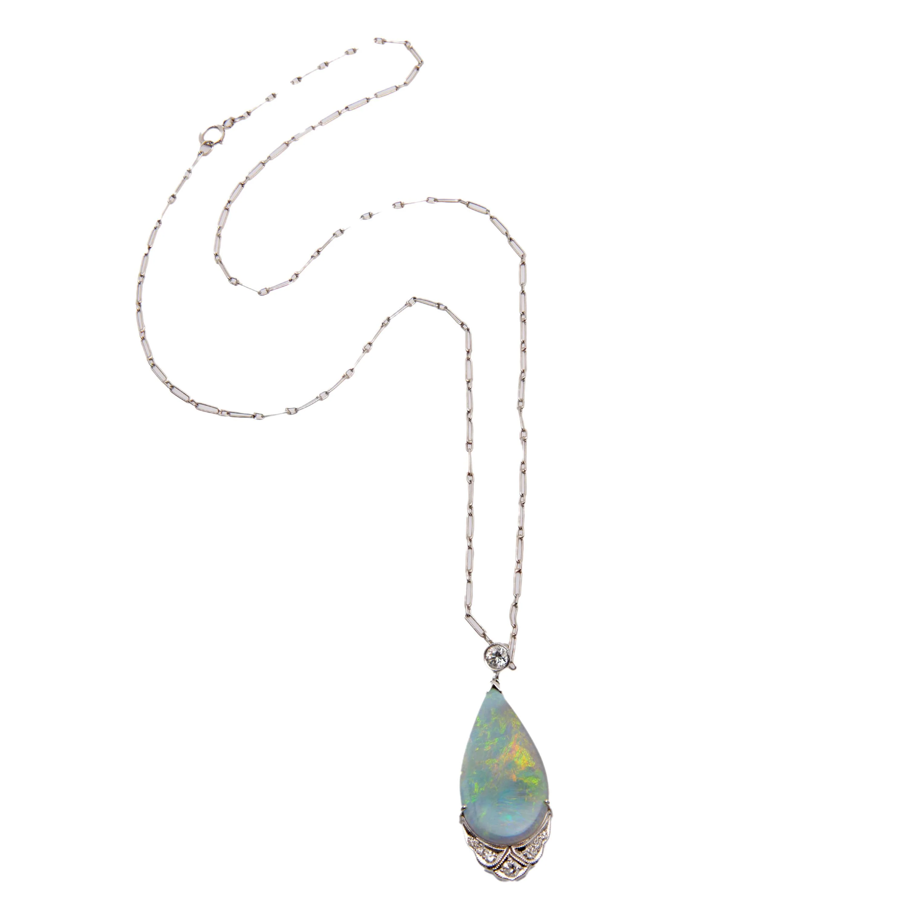 Art Deco 18k Opal and Diamond Teardrop Pendant Necklace - Image 2