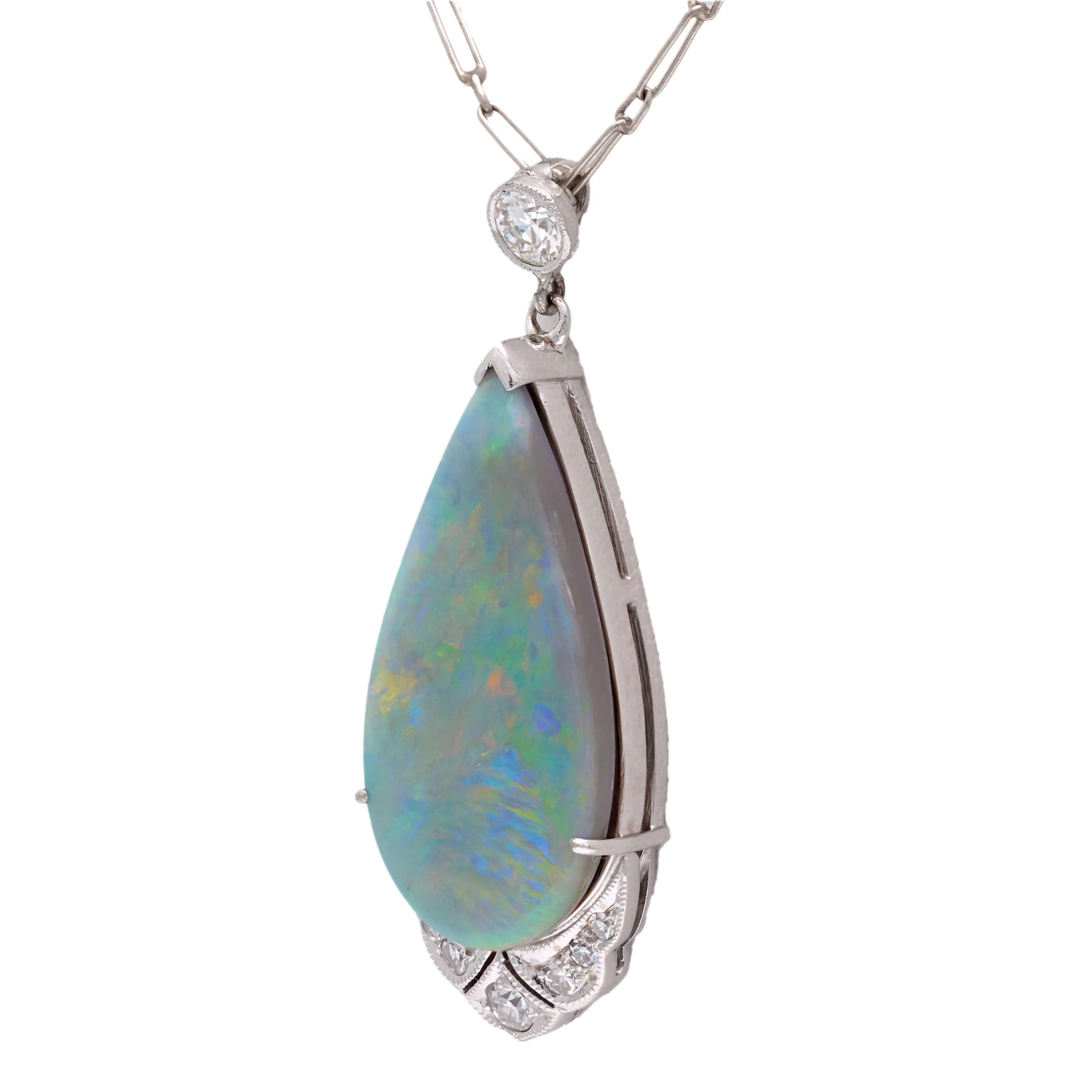 Art Deco 18k Opal and Diamond Teardrop Pendant Necklace - Image 3